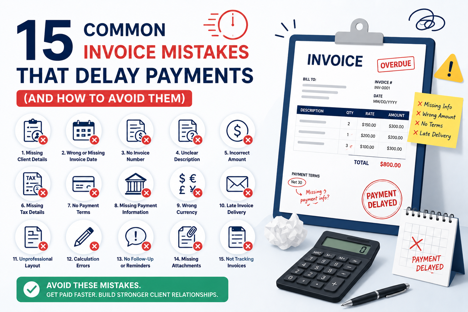 15 common invoice mistakes that delay payments, featuring overdue invoices, billing errors, payment issues, warning icons, and invoicing best practices for freelancers and small businesses.