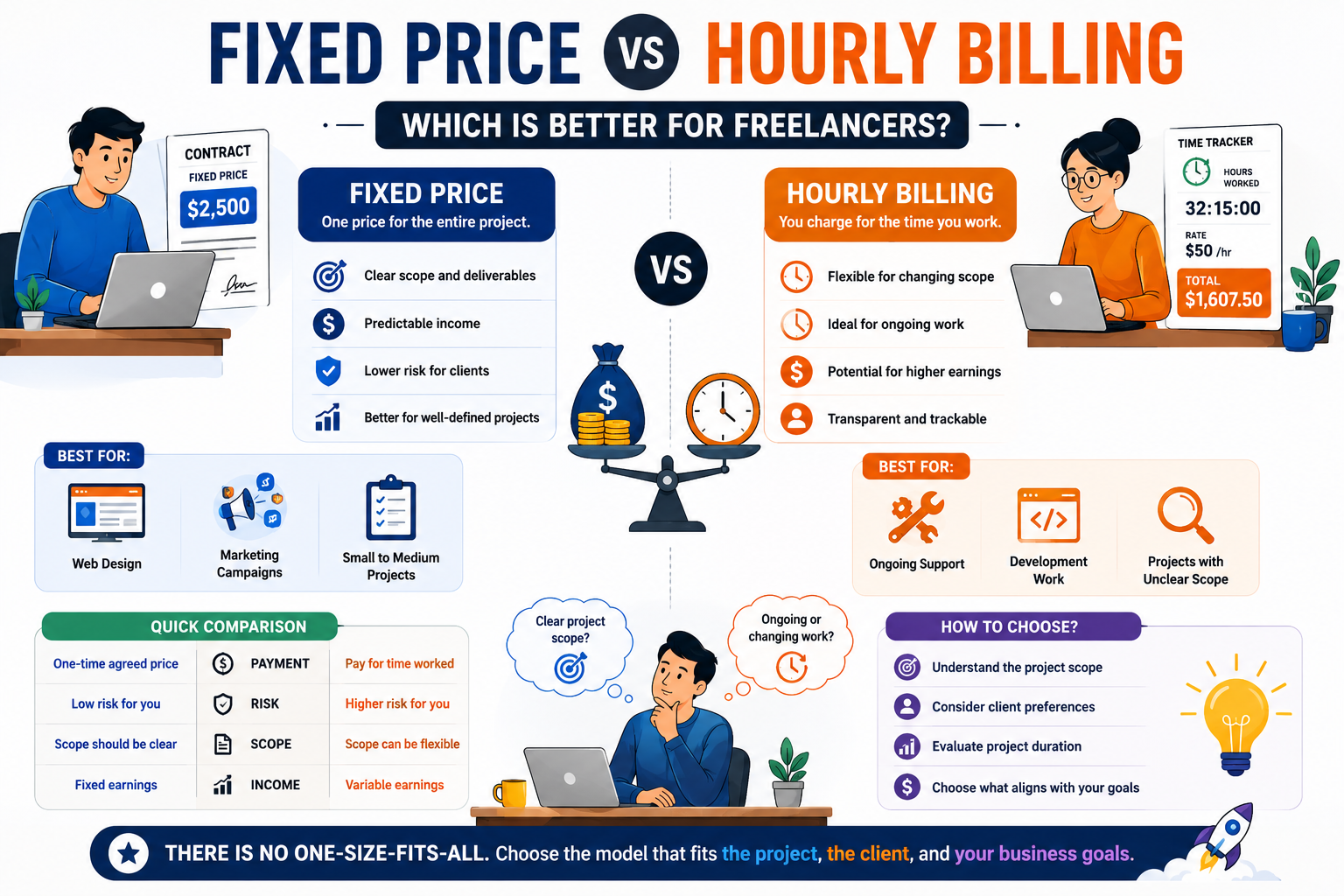 Fixed price vs hourly billing comparison graphic featuring freelancers, contracts, time tracking, project pricing, payment models, and client billing options for freelance businesses.