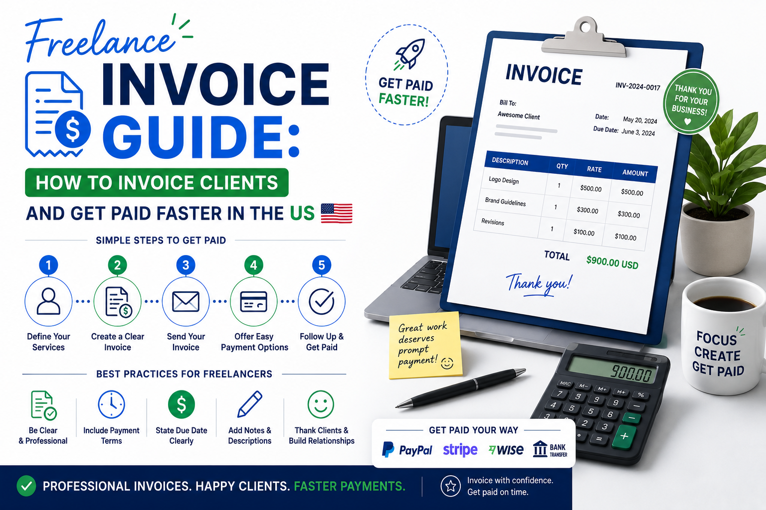 Freelance invoice guide for US freelancers, featuring client invoicing, online payments, invoice templates, payment tracking, and tips to get paid faster.