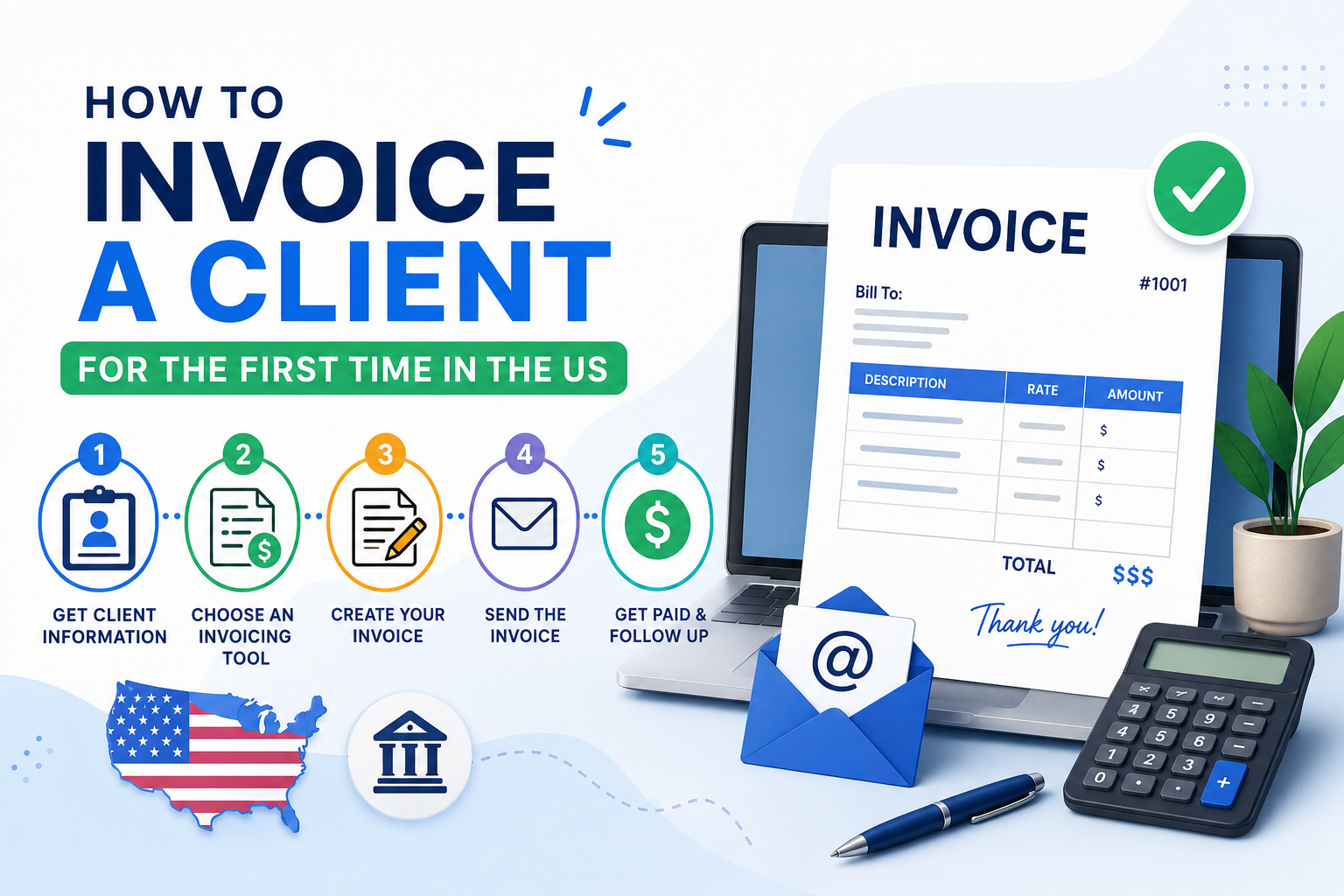 How to invoice a client for the first time in the US, featuring an invoice template, laptop, calculator, payment icons, and a step-by-step invoicing process for small businesses and freelancers.