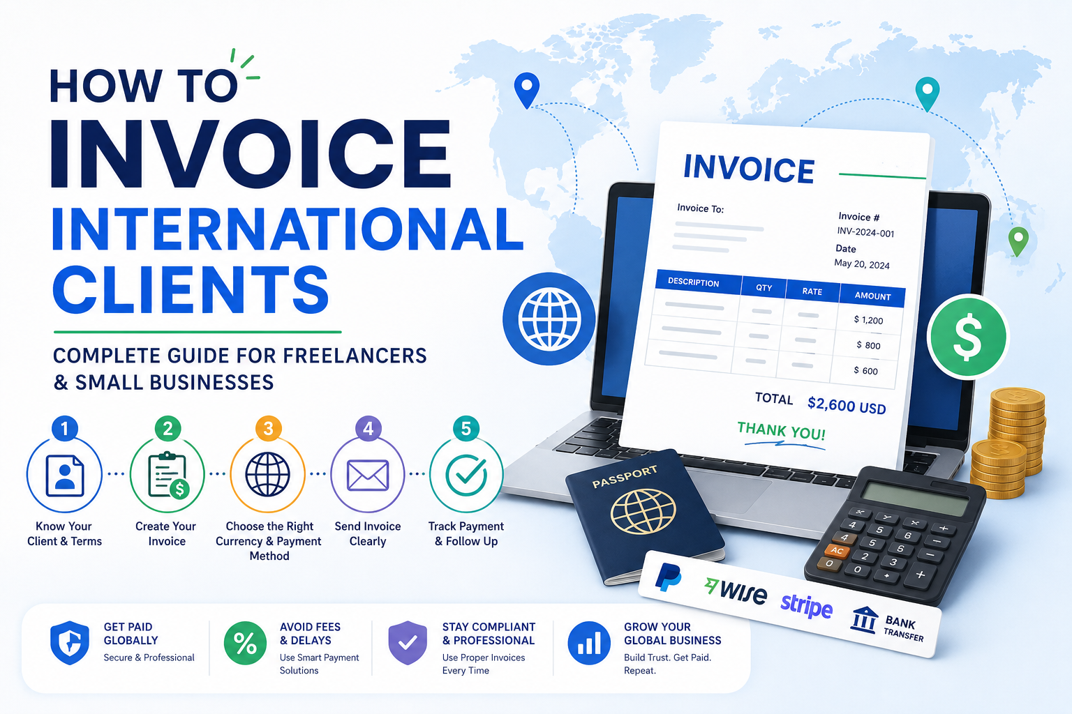 How to invoice international clients, featuring a global invoice, world map, international payment methods, currency exchange, and cross-border billing for freelancers and small businesses.