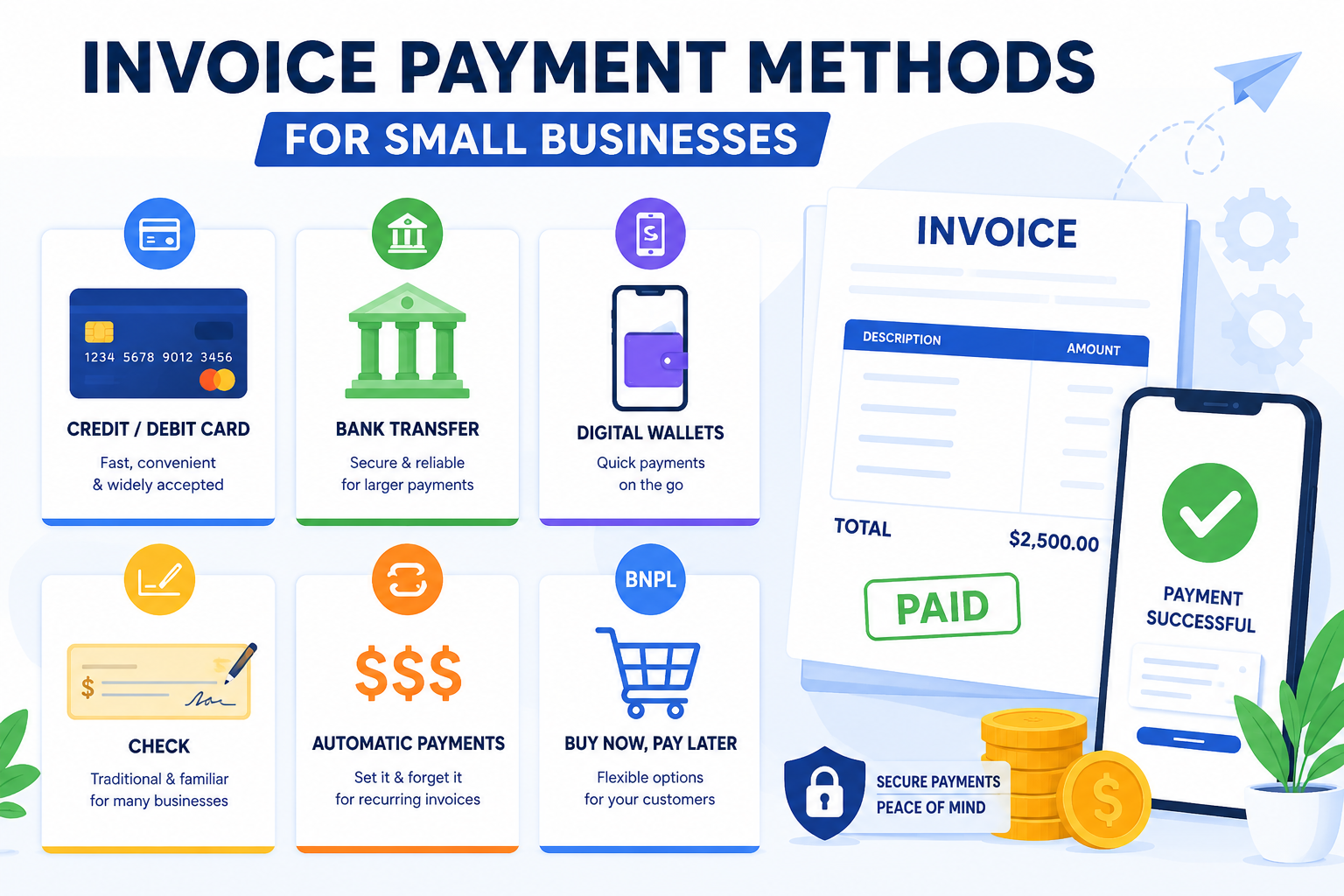 Illustration of multiple invoice payment methods for small businesses, featuring credit card payments, bank transfers, digital wallets, checks, recurring payments, buy now pay later options, a paid invoice document, smartphone payment confirmation, security shield, and financial icons representing fast and secure business transactions.