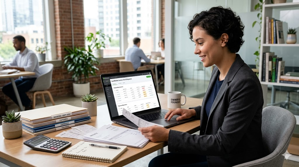 Small business owner managing invoices