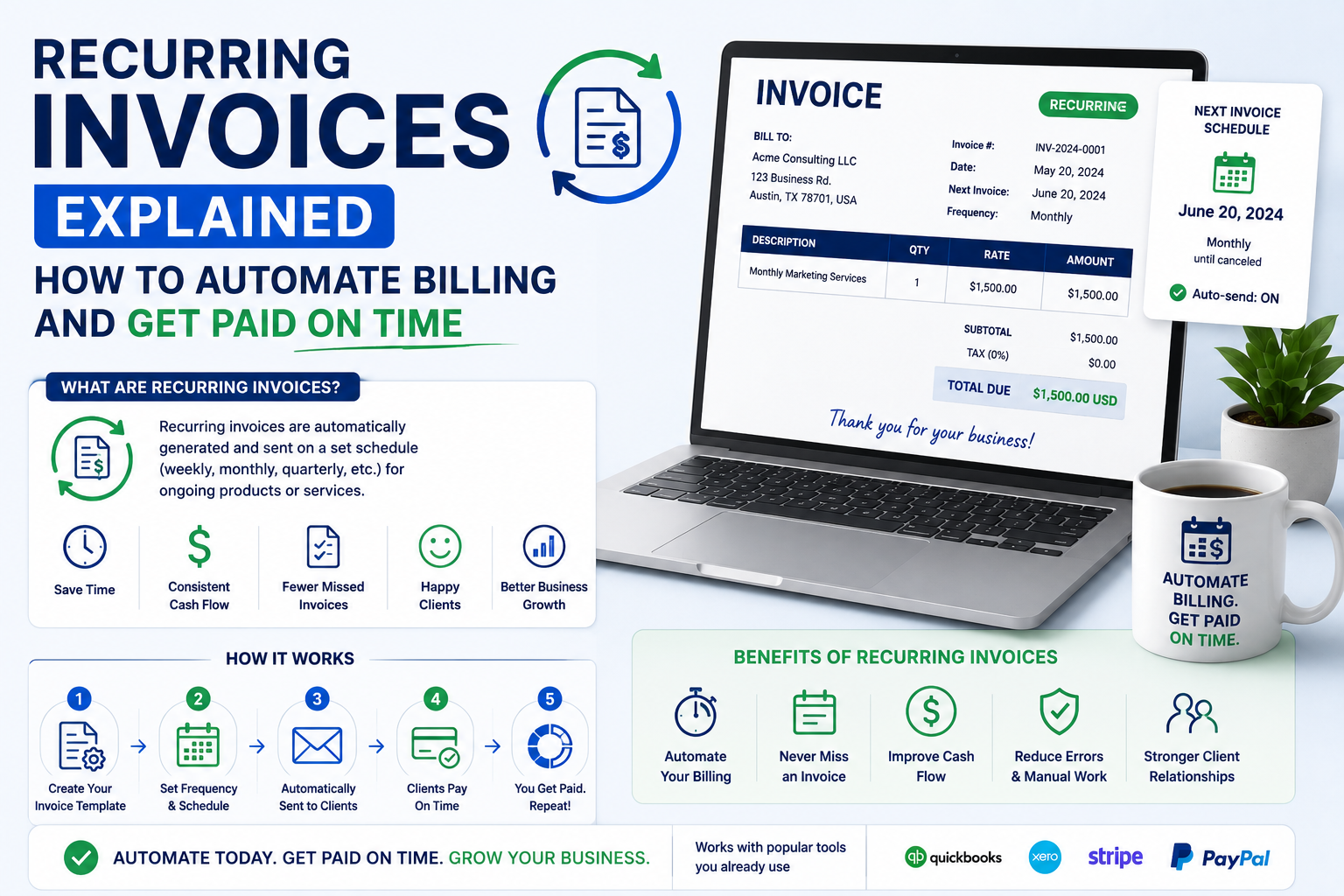 Recurring invoices explained, featuring automated billing, scheduled payments, subscription invoicing, recurring payment reminders, and cash flow management for small businesses and freelancers.